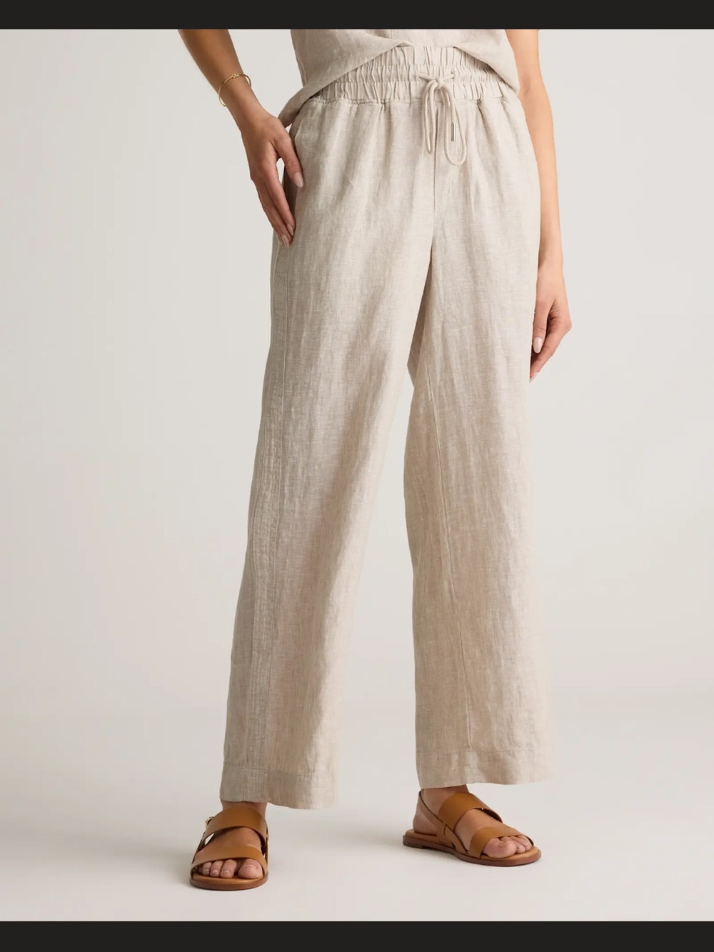 Quince Wide-Leg Linen Drawstring Pants — Light Beige
